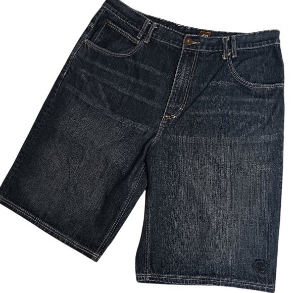 Timberland Denim Shorts Mens 39 Dark Wash Whiskered Baggy Y2K Embroidered - Picture 1 of 14
